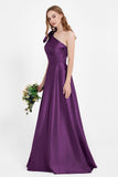 One Shoulder Satin Pleated Bridesmaid Dress Long Bowknot Formal Evening Party Dresses Gowns