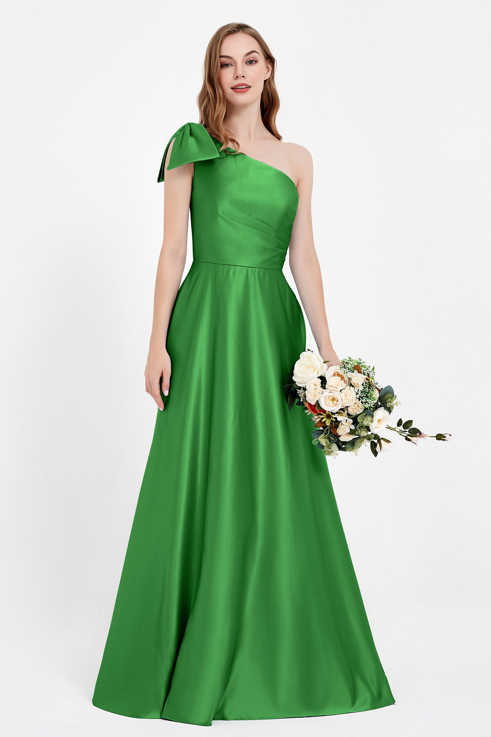 One Shoulder Satin Pleated Bridesmaid Dress Long Bowknot Formal Evening Party Dresses Gowns