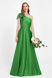 One Shoulder Satin Pleated Bridesmaid Dress Long Bowknot Formal Evening Party Dresses Gowns