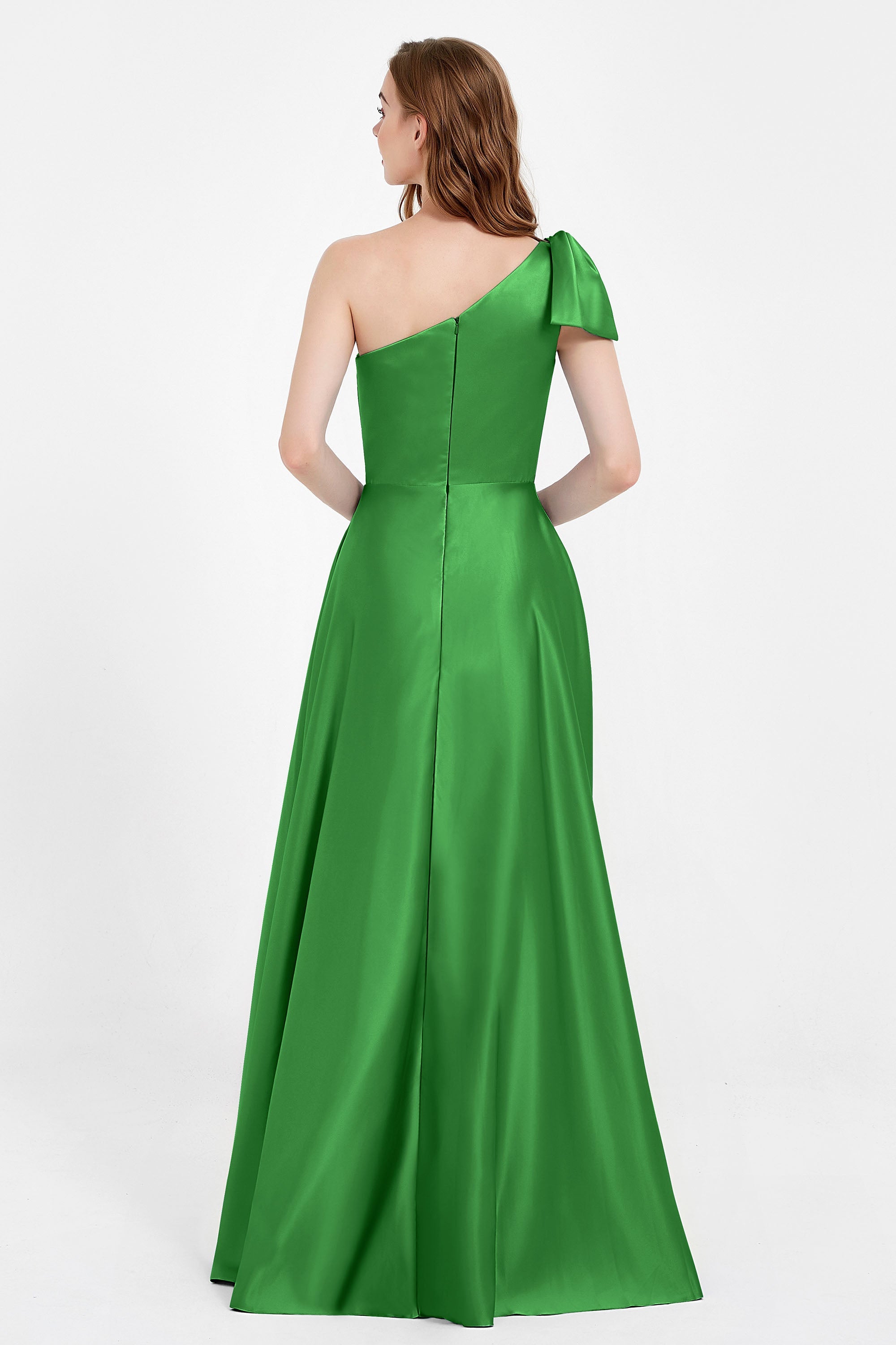 One Shoulder Satin Pleated Bridesmaid Dress Long Bowknot Formal Evening Party Dresses Gowns