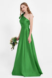 One Shoulder Satin Pleated Bridesmaid Dress Long Bowknot Formal Evening Party Dresses Gowns