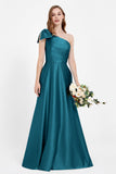 One Shoulder Satin Pleated Bridesmaid Dress Long Bowknot Formal Evening Party Dresses Gowns