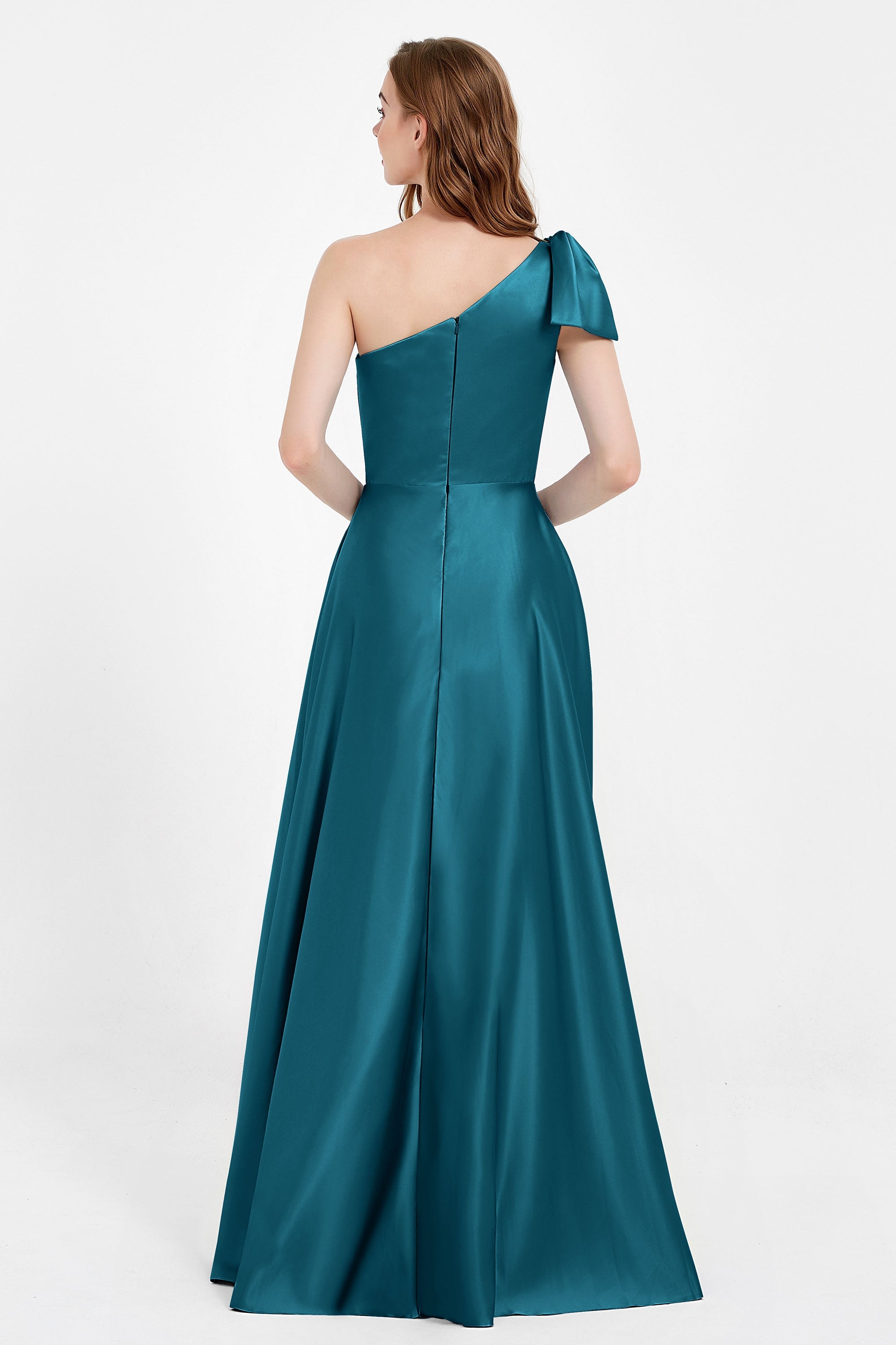 One Shoulder Satin Pleated Bridesmaid Dress Long Bowknot Formal Evening Party Dresses Gowns