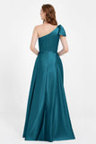 One Shoulder Satin Pleated Bridesmaid Dress Long Bowknot Formal Evening Party Dresses Gowns