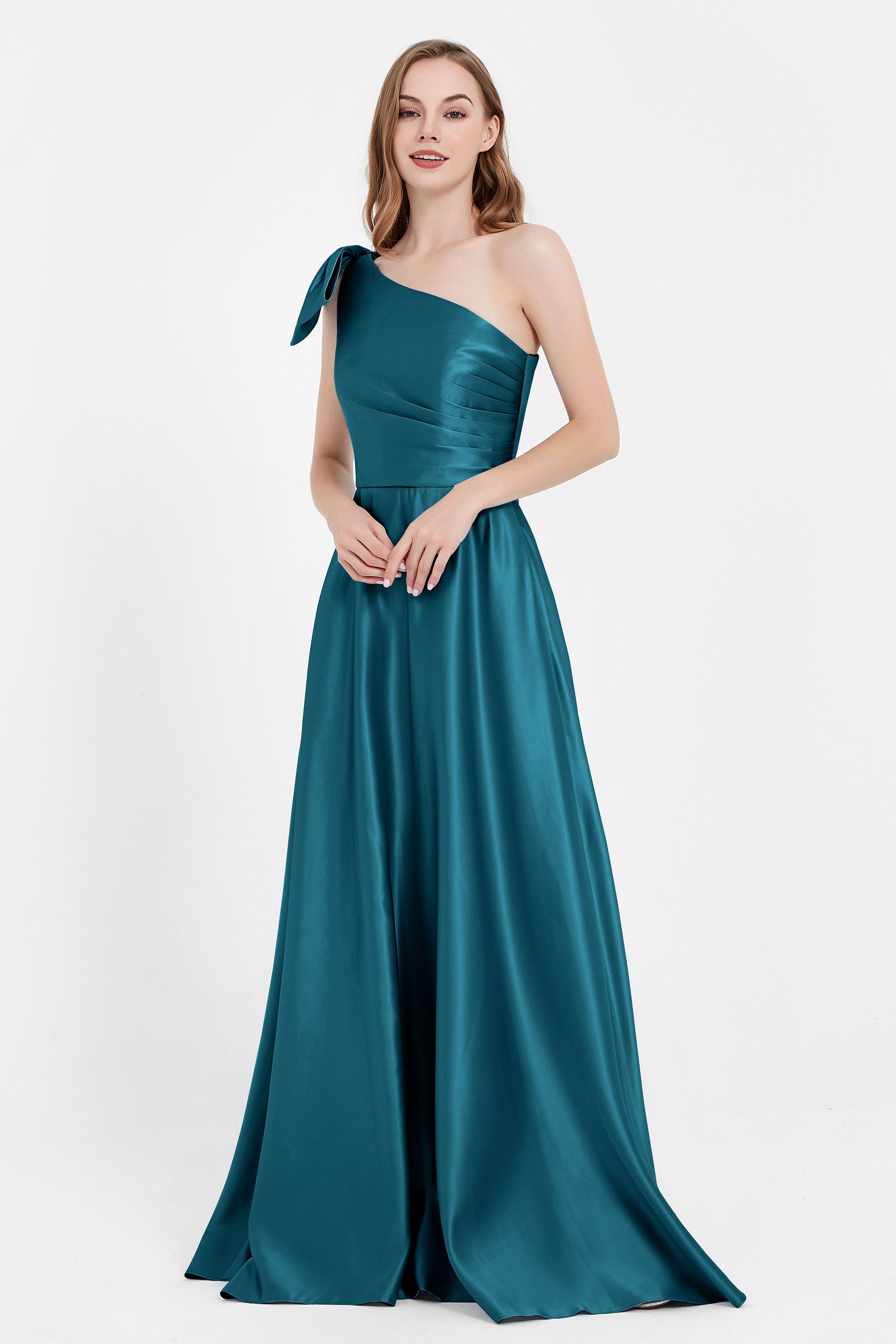 One Shoulder Satin Pleated Bridesmaid Dress Long Bowknot Formal Evening Party Dresses Gowns