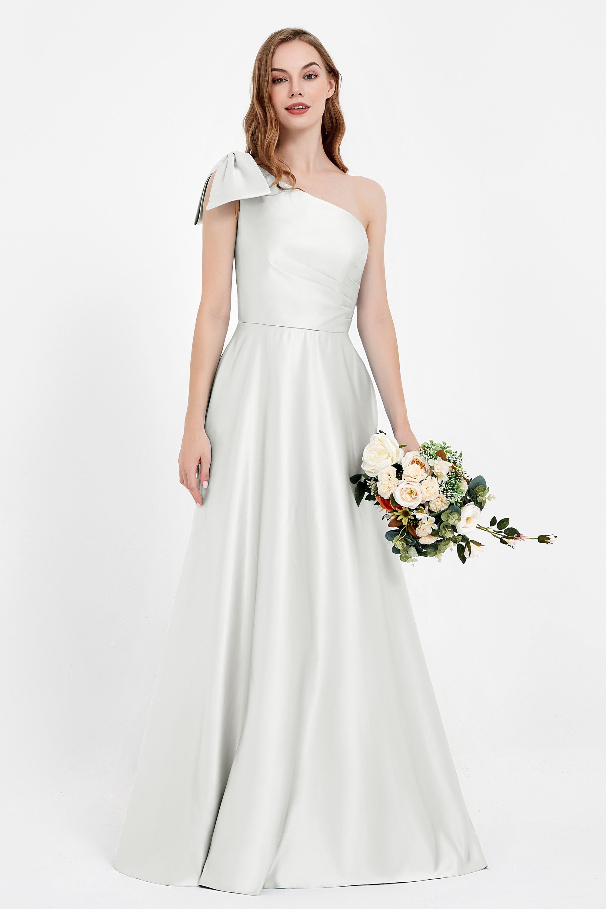 One Shoulder Satin Pleated Bridesmaid Dress Long Bowknot Formal Evening Party Dresses Gowns