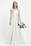 One Shoulder Satin Pleated Bridesmaid Dress Long Bowknot Formal Evening Party Dresses Gowns