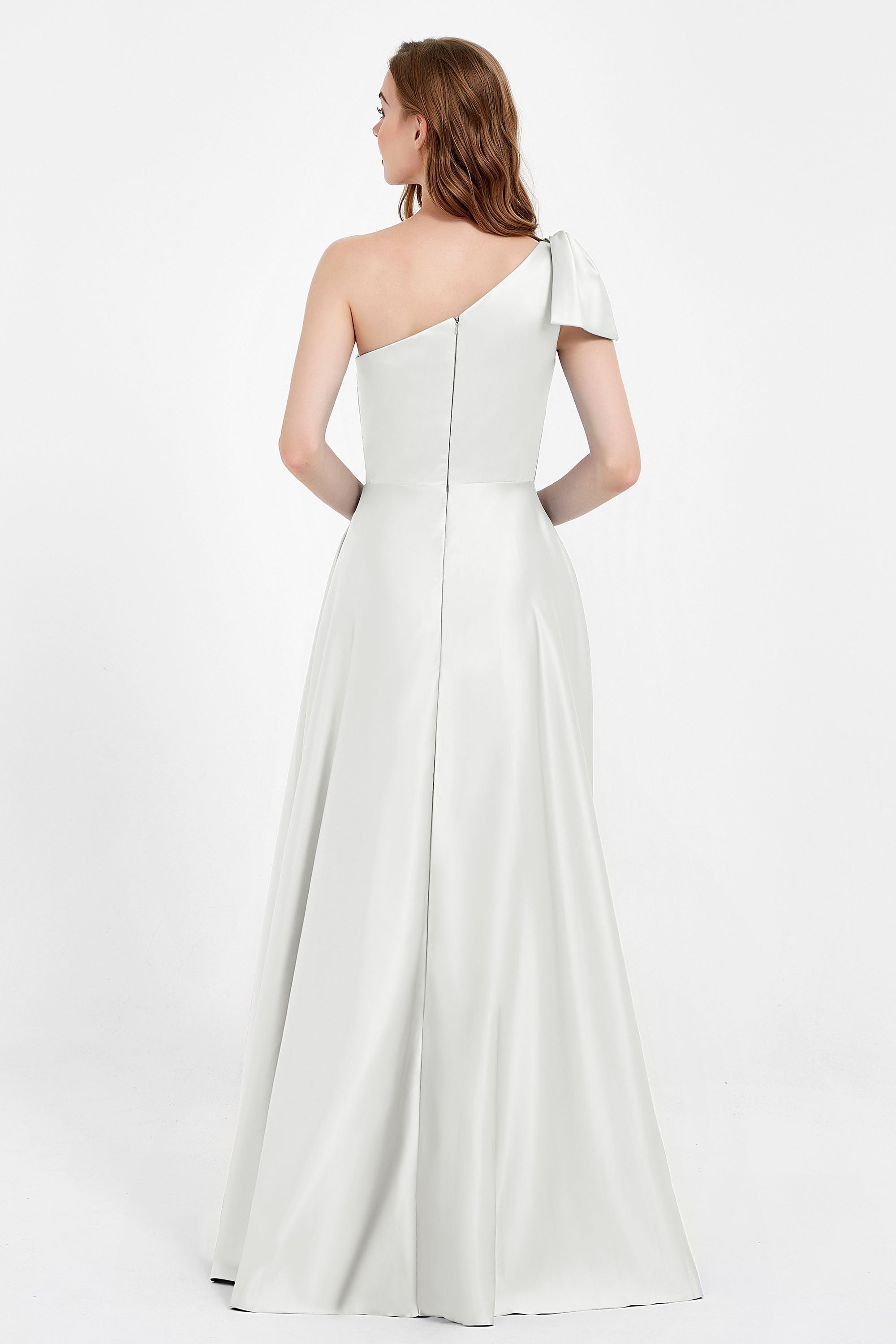 One Shoulder Satin Pleated Bridesmaid Dress Long Bowknot Formal Evening Party Dresses Gowns