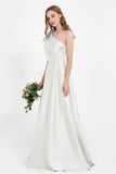 One Shoulder Satin Pleated Bridesmaid Dress Long Bowknot Formal Evening Party Dresses Gowns