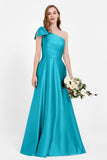One Shoulder Satin Pleated Bridesmaid Dress Long Bowknot Formal Evening Party Dresses Gowns