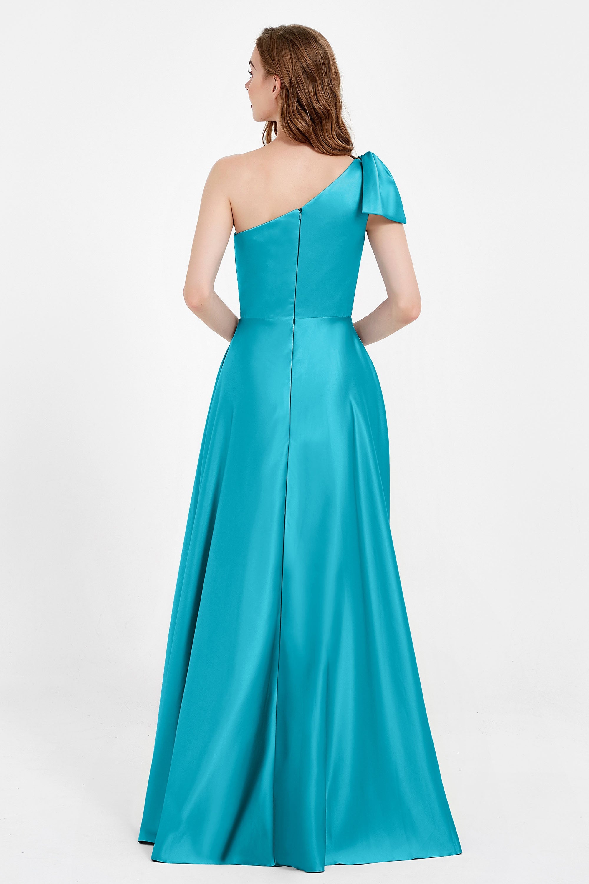 One Shoulder Satin Pleated Bridesmaid Dress Long Bowknot Formal Evening Party Dresses Gowns