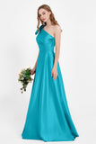 One Shoulder Satin Pleated Bridesmaid Dress Long Bowknot Formal Evening Party Dresses Gowns