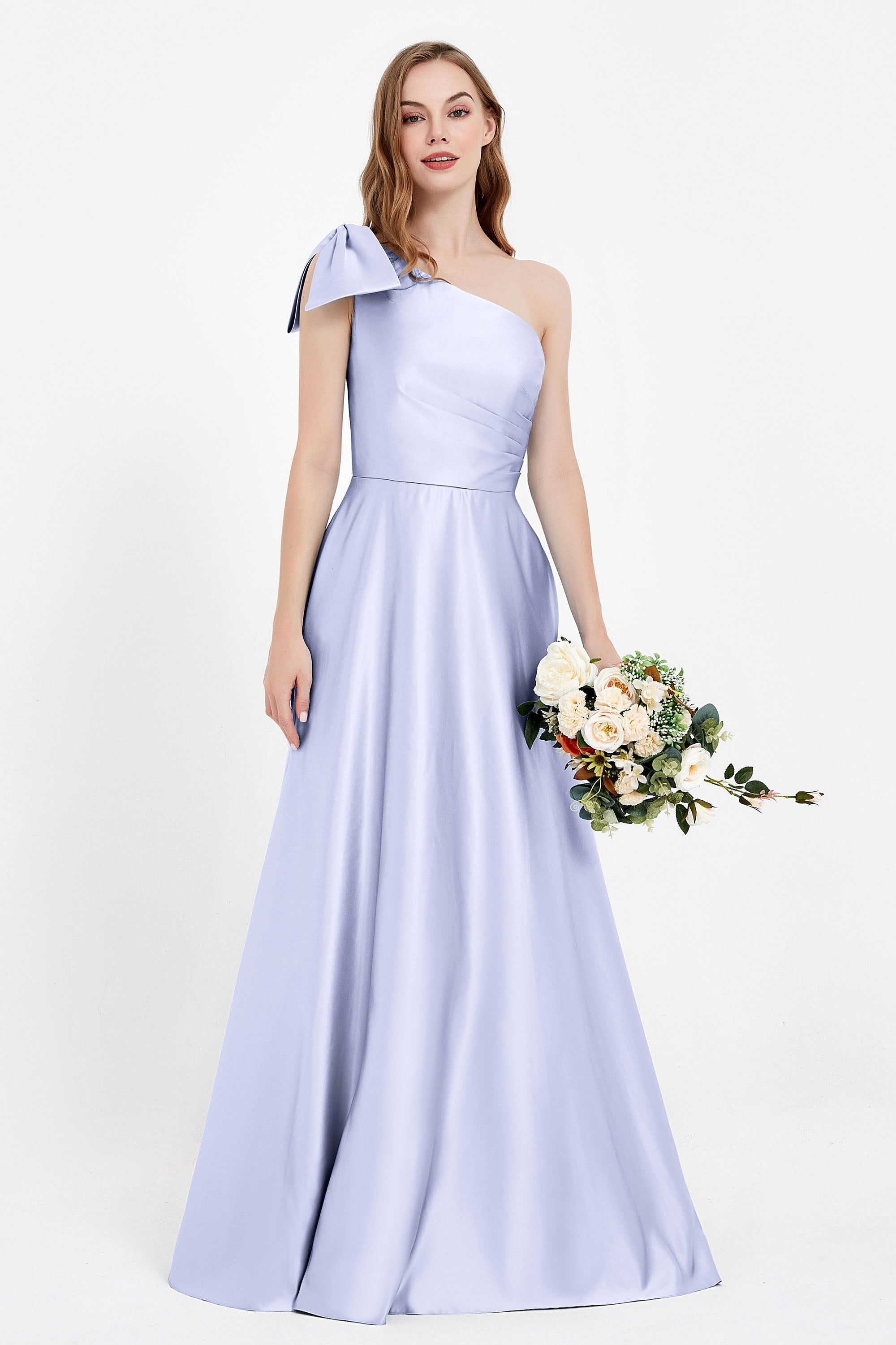 One Shoulder Satin Pleated Bridesmaid Dress Long Bowknot Formal Evening Party Dresses Gowns