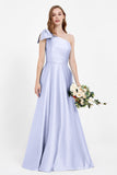 One Shoulder Satin Pleated Bridesmaid Dress Long Bowknot Formal Evening Party Dresses Gowns