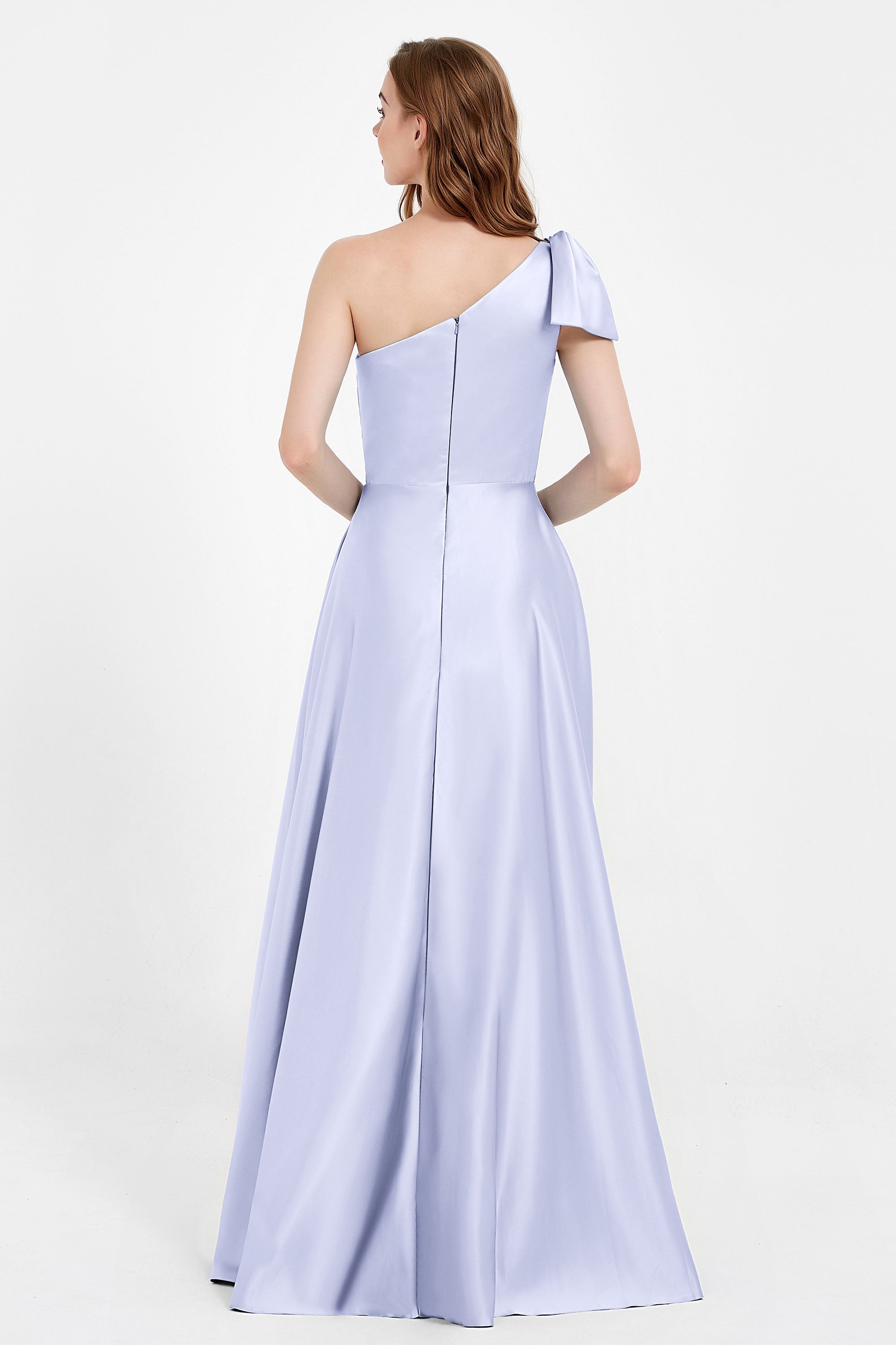 One Shoulder Satin Pleated Bridesmaid Dress Long Bowknot Formal Evening Party Dresses Gowns