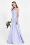 One Shoulder Satin Pleated Bridesmaid Dress Long Bowknot Formal Evening Party Dresses Gowns