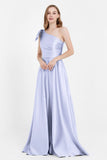 One Shoulder Satin Pleated Bridesmaid Dress Long Bowknot Formal Evening Party Dresses Gowns