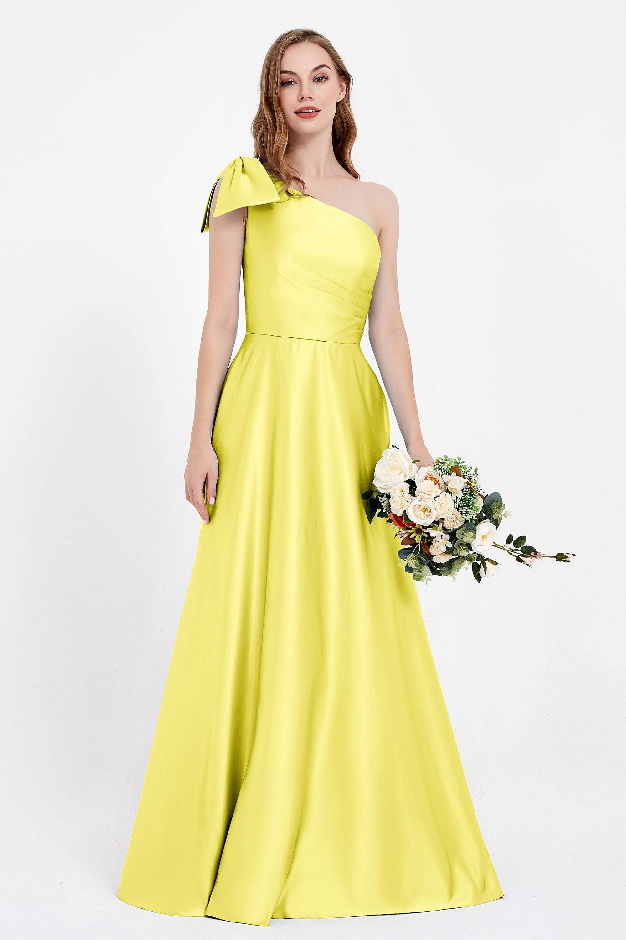 One Shoulder Satin Pleated Bridesmaid Dress Long Bowknot Formal Evening Party Dresses Gowns