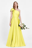 One Shoulder Satin Pleated Bridesmaid Dress Long Bowknot Formal Evening Party Dresses Gowns