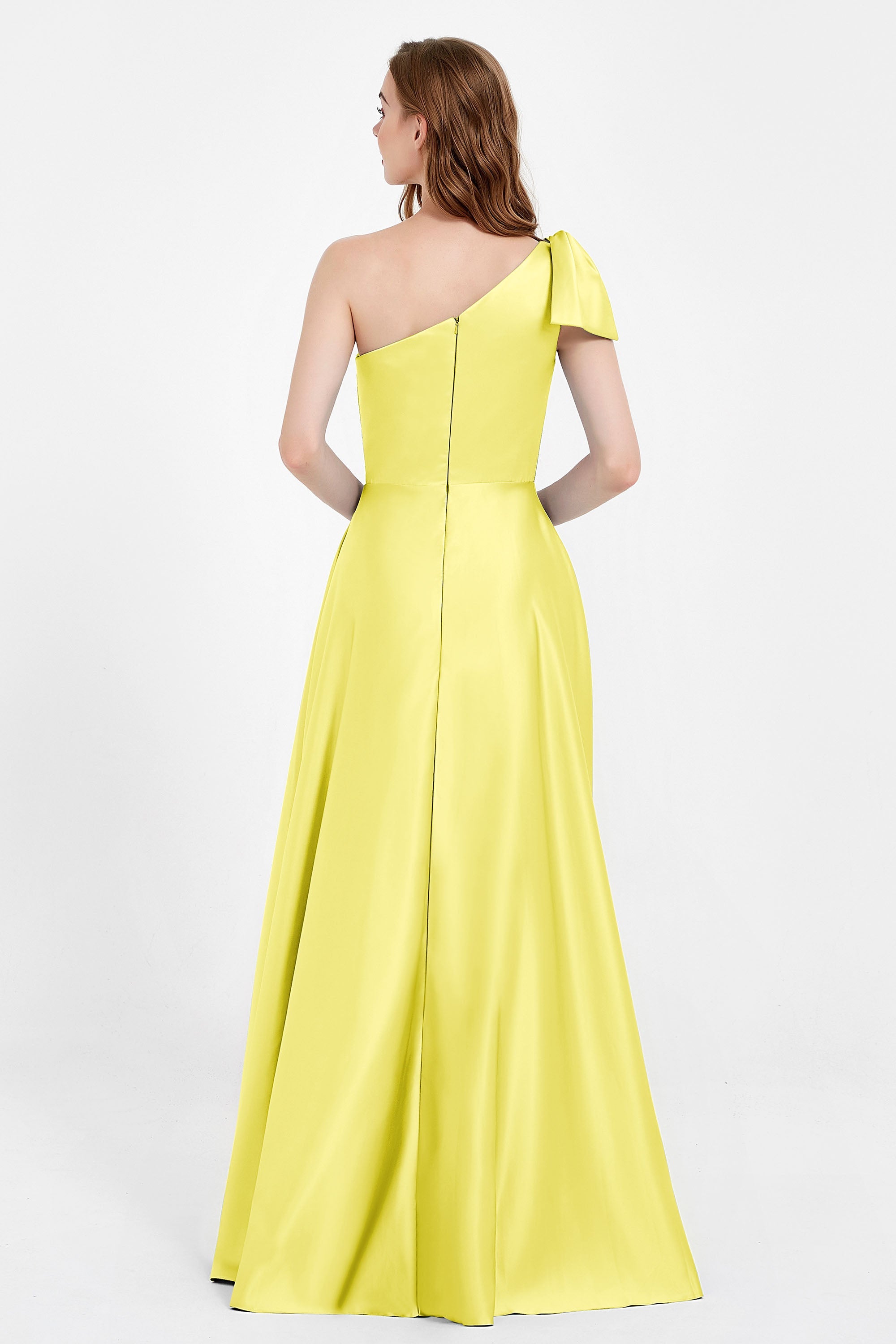 One Shoulder Satin Pleated Bridesmaid Dress Long Bowknot Formal Evening Party Dresses Gowns
