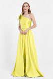 One Shoulder Satin Pleated Bridesmaid Dress Long Bowknot Formal Evening Party Dresses Gowns