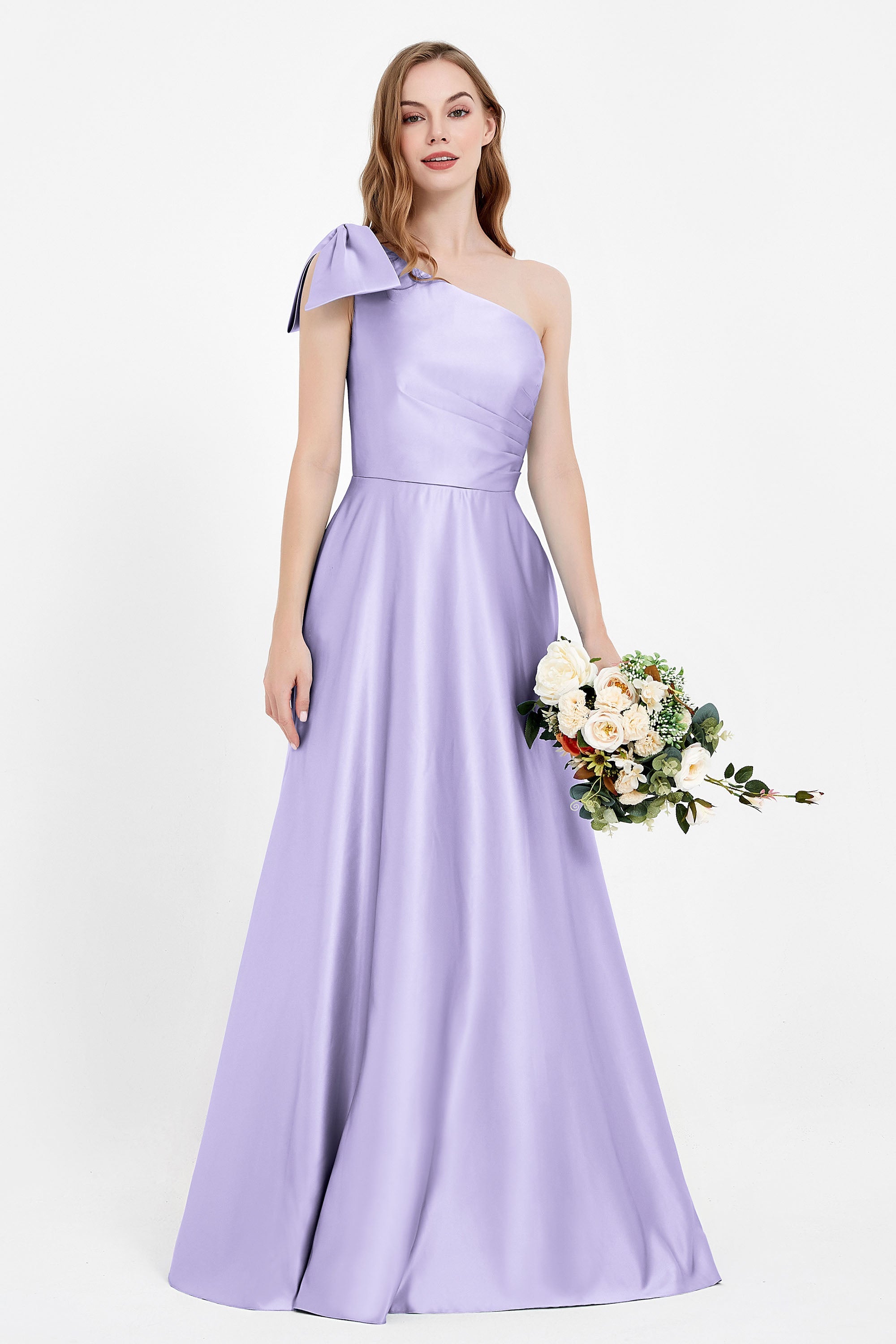 One Shoulder Satin Pleated Bridesmaid Dress Long Bowknot Formal Evening Party Dresses Gowns