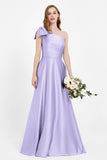 One Shoulder Satin Pleated Bridesmaid Dress Long Bowknot Formal Evening Party Dresses Gowns