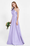One Shoulder Satin Pleated Bridesmaid Dress Long Bowknot Formal Evening Party Dresses Gowns
