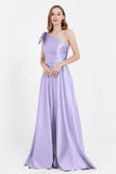 One Shoulder Satin Pleated Bridesmaid Dress Long Bowknot Formal Evening Party Dresses Gowns