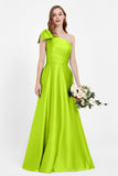 One Shoulder Satin Pleated Bridesmaid Dress Long Bowknot Formal Evening Party Dresses Gowns