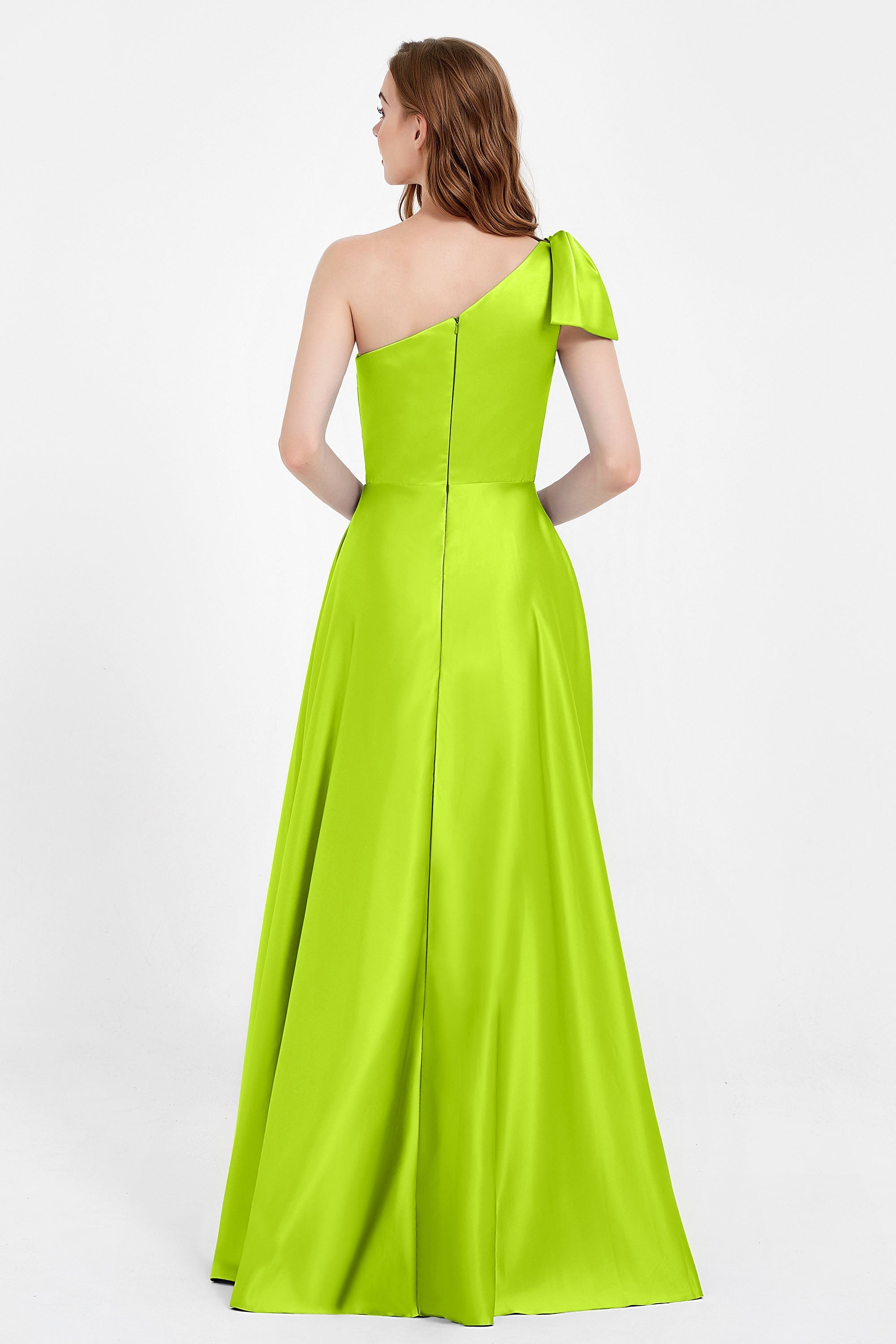 One Shoulder Satin Pleated Bridesmaid Dress Long Bowknot Formal Evening Party Dresses Gowns