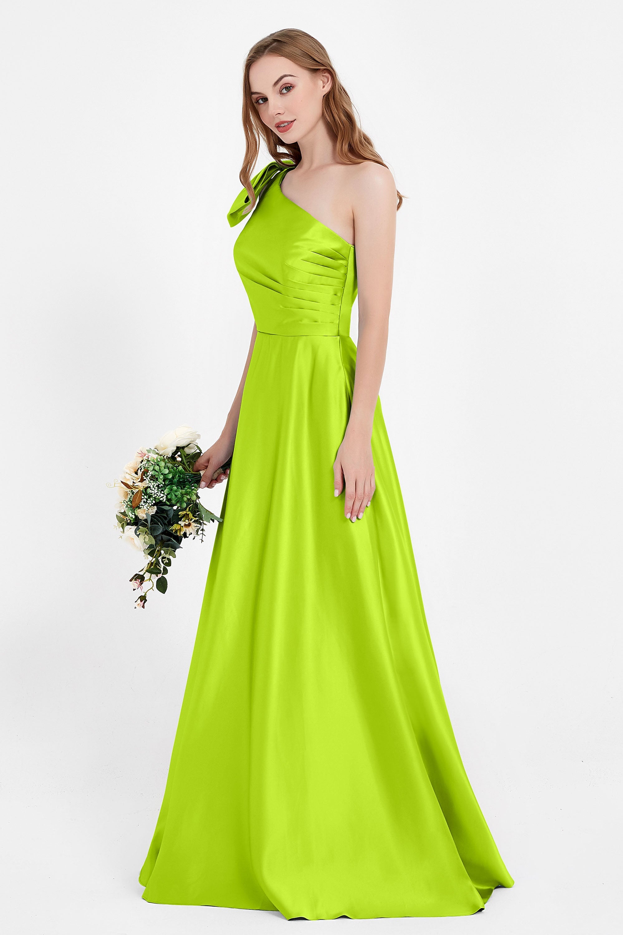 One Shoulder Satin Pleated Bridesmaid Dress Long Bowknot Formal Evening Party Dresses Gowns