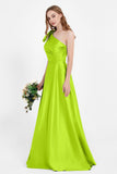 One Shoulder Satin Pleated Bridesmaid Dress Long Bowknot Formal Evening Party Dresses Gowns