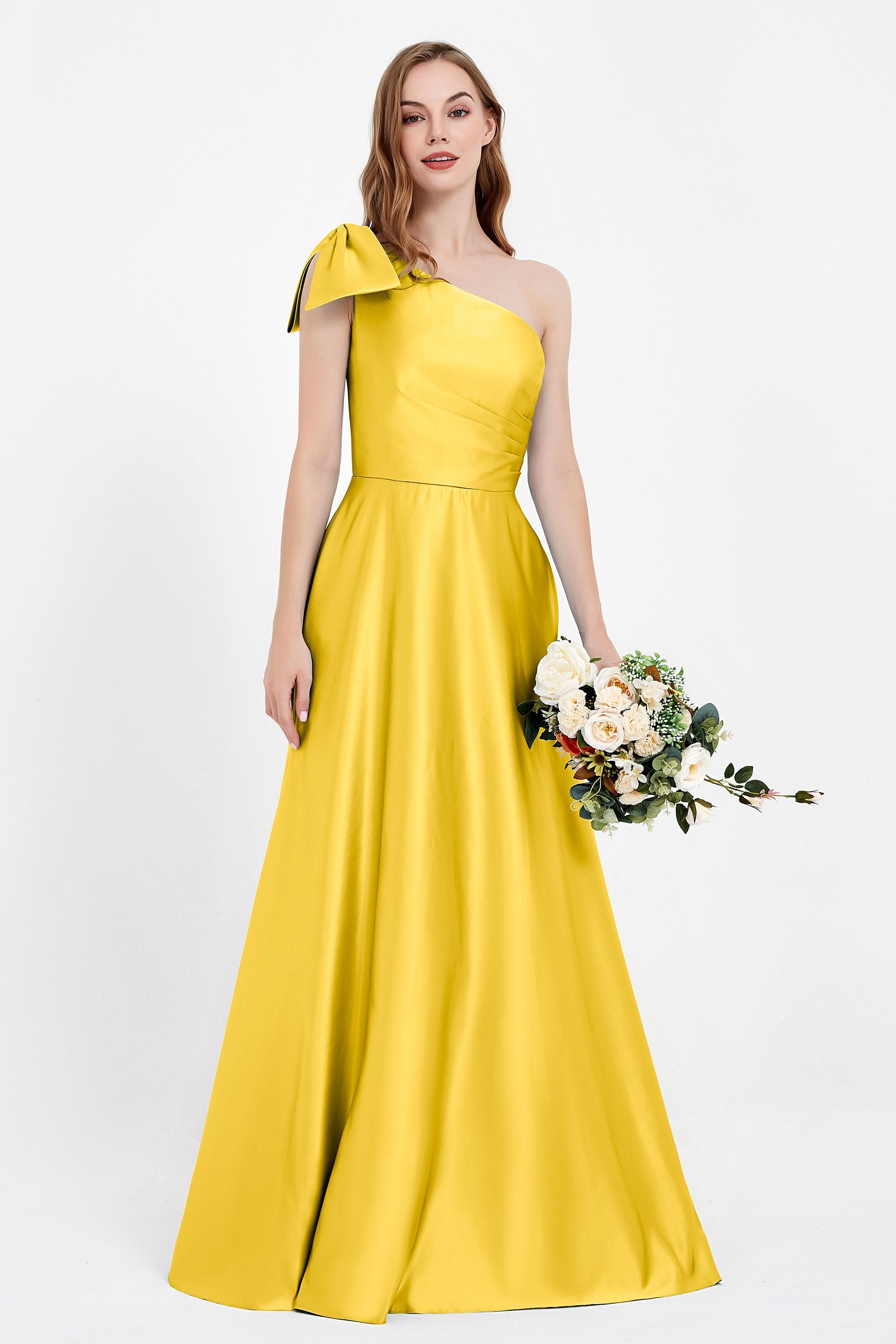 One Shoulder Satin Pleated Bridesmaid Dress Long Bowknot Formal Evening Party Dresses Gowns