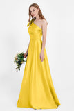 One Shoulder Satin Pleated Bridesmaid Dress Long Bowknot Formal Evening Party Dresses Gowns