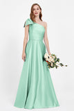 One Shoulder Satin Pleated Bridesmaid Dress Long Bowknot Formal Evening Party Dresses Gowns