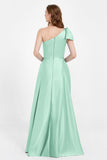 One Shoulder Satin Pleated Bridesmaid Dress Long Bowknot Formal Evening Party Dresses Gowns