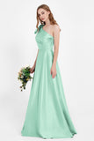 One Shoulder Satin Pleated Bridesmaid Dress Long Bowknot Formal Evening Party Dresses Gowns