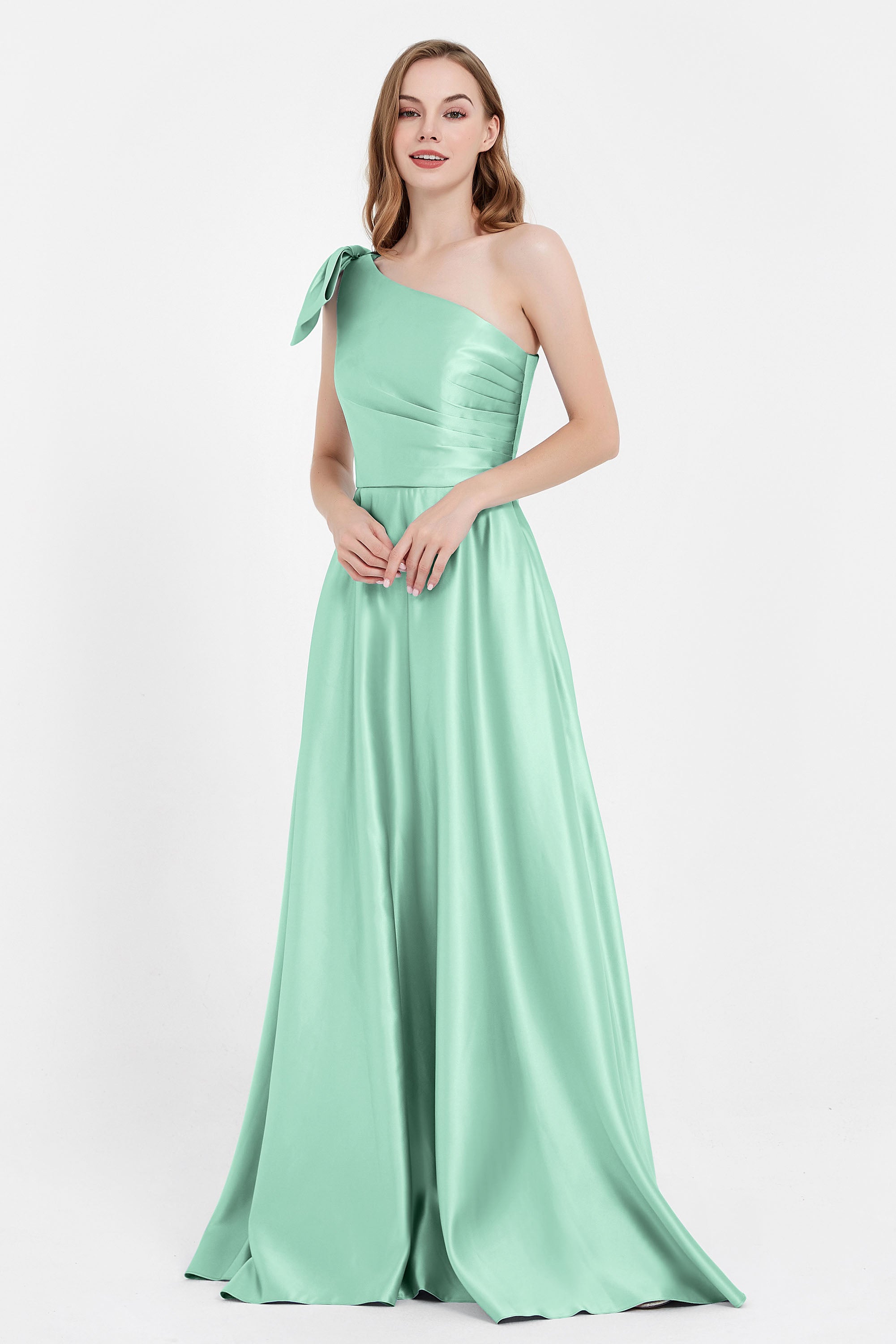 One Shoulder Satin Pleated Bridesmaid Dress Long Bowknot Formal Evening Party Dresses Gowns