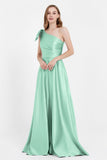 One Shoulder Satin Pleated Bridesmaid Dress Long Bowknot Formal Evening Party Dresses Gowns