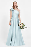 One Shoulder Satin Pleated Bridesmaid Dress Long Bowknot Formal Evening Party Dresses Gowns