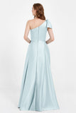 One Shoulder Satin Pleated Bridesmaid Dress Long Bowknot Formal Evening Party Dresses Gowns