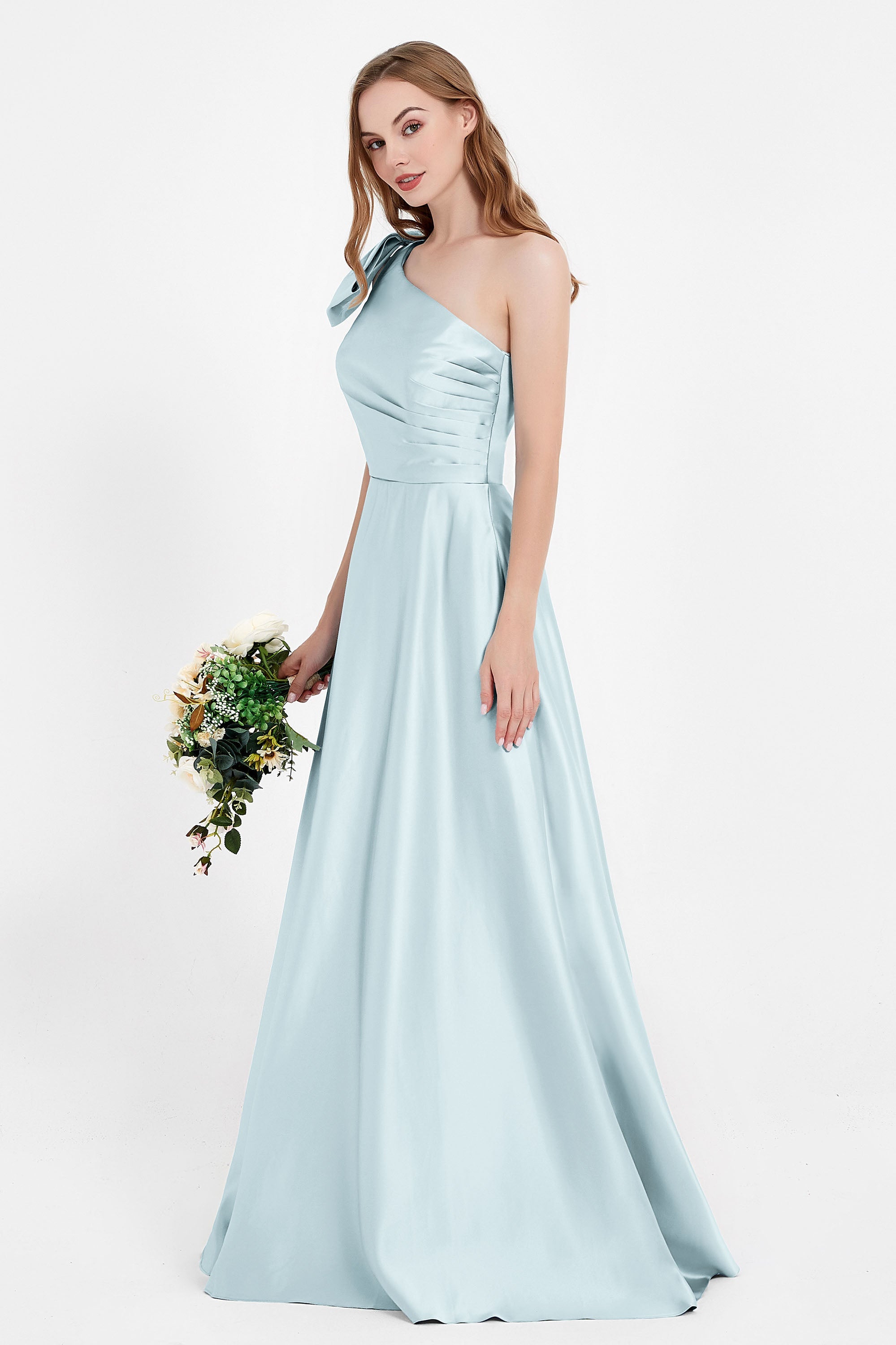 One Shoulder Satin Pleated Bridesmaid Dress Long Bowknot Formal Evening Party Dresses Gowns