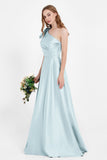 One Shoulder Satin Pleated Bridesmaid Dress Long Bowknot Formal Evening Party Dresses Gowns