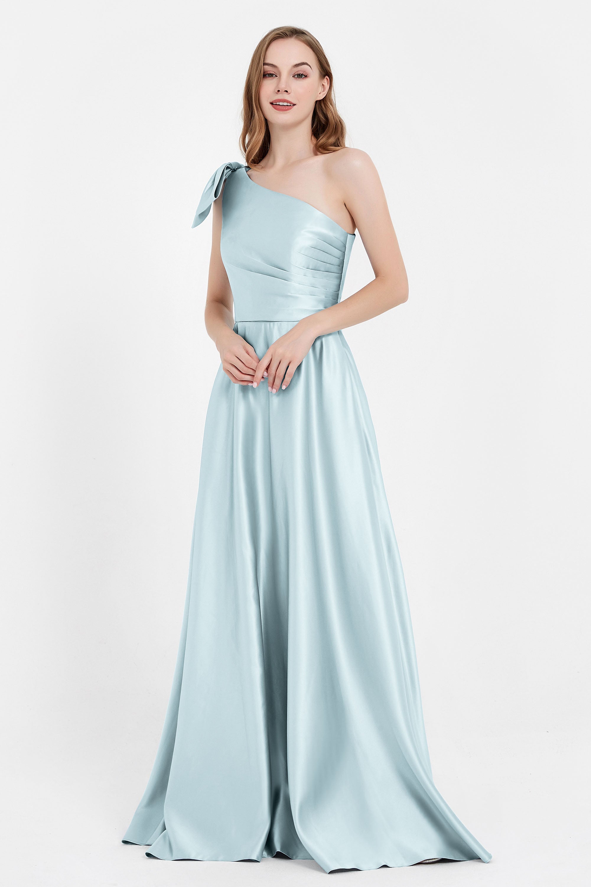 One Shoulder Satin Pleated Bridesmaid Dress Long Bowknot Formal Evening Party Dresses Gowns