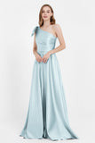One Shoulder Satin Pleated Bridesmaid Dress Long Bowknot Formal Evening Party Dresses Gowns