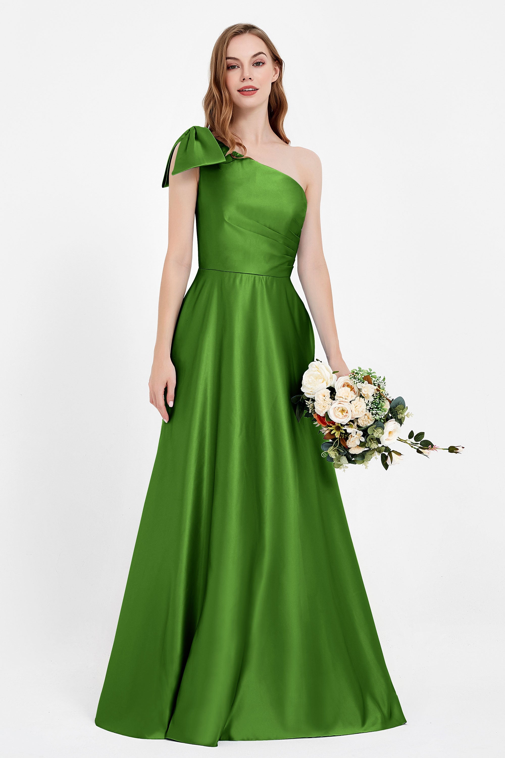 One Shoulder Satin Pleated Bridesmaid Dress Long Bowknot Formal Evening Party Dresses Gowns