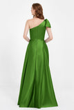 One Shoulder Satin Pleated Bridesmaid Dress Long Bowknot Formal Evening Party Dresses Gowns