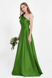One Shoulder Satin Pleated Bridesmaid Dress Long Bowknot Formal Evening Party Dresses Gowns