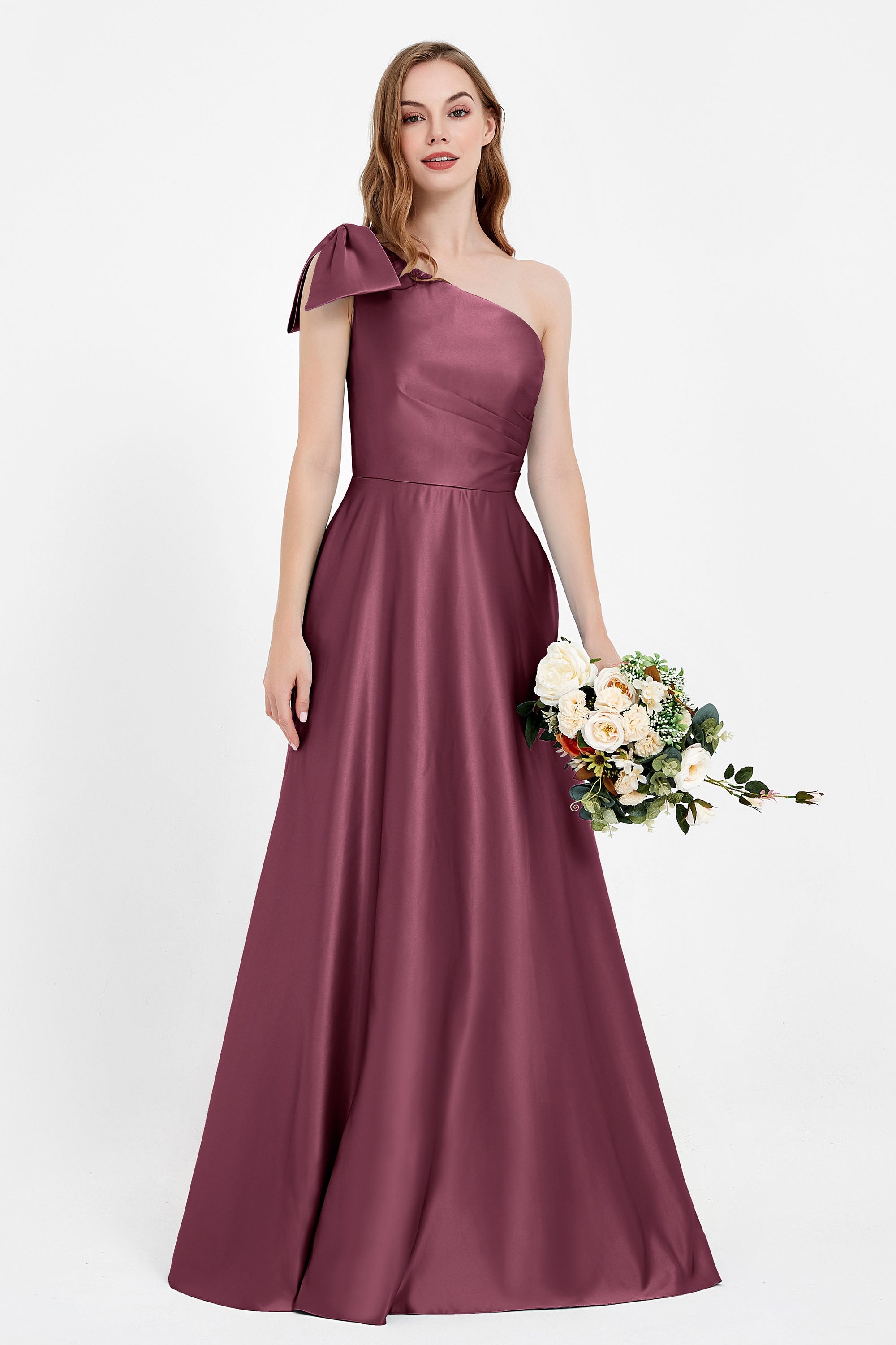 One Shoulder Satin Pleated Bridesmaid Dress Long Bowknot Formal Evening Party Dresses Gowns